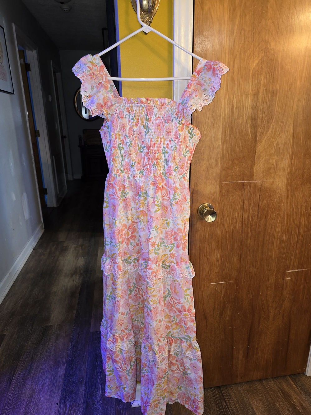 Haute Hippie Pink Floral Smocked Maxi Dress BOHO lace Cottagecore Vibes